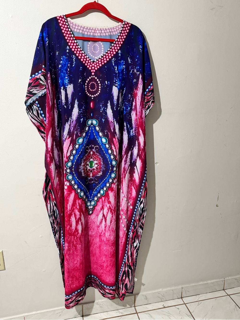 Boho V-Neck Maxi Kaftan Dress in Pink and Blue